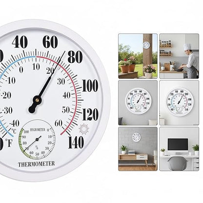 Outdoor Thermometer Hygrometer, 10 Inch Round Large White Gauge with Easy to Read Face, Waterproof Wall Mount for Patio, Garden, Garage, Home Outside Temperature and Humidity Monitor