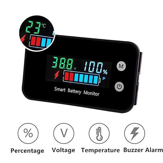 Upgrade IPX7 Waterproof Battery Monitor,12v 24v 36v 48v 60v 72v Battery Tester for car,Golf cart,RV,Boat.Voltage,Remain Capacity Battery Monitor with Temperature and Buzzer Alarm