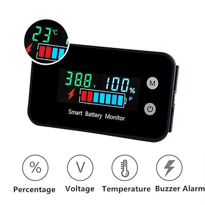 Upgrade IPX7 Waterproof Battery Monitor,12v 24v 36v 48v 60v 72v Battery Tester for car,Golf cart,RV,Boat.Voltage,Remain Capacity Battery Monitor with Temperature and Buzzer Alarm