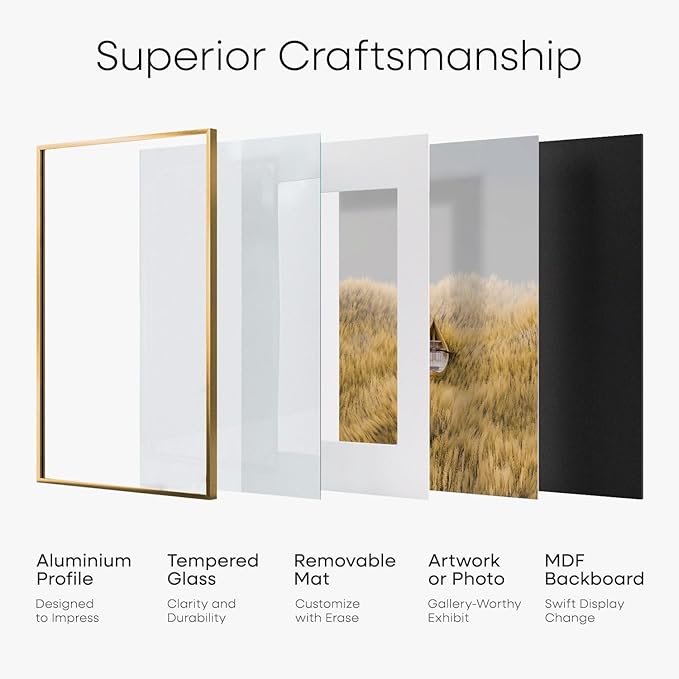 Homeforia 12x18 Bronze Picture Frame, High End Metal 12x18 Brass Poster Frames with Mat 8.5x11 Photo, 12 x 18 Frame Matted to 8.5 by 11 inch Print, 18x12 Thin Frame, Tempered Glass, Wall Kit, Set of 1
