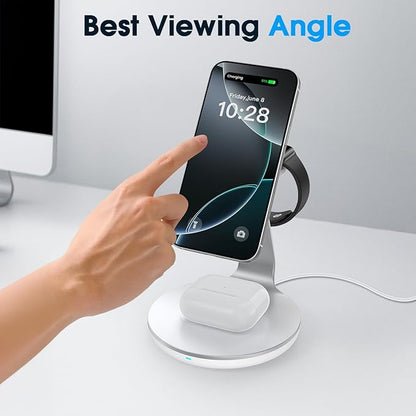 3-in-1 Charging Station Compatible with MagSafe for iPhone 17/16/15/14/13/12, Wireless Charger Stand for Apple Watch Series 11–2/SE/Ultra for AirPods Pro/4/3/2 Fast Charger with 18W Adapter