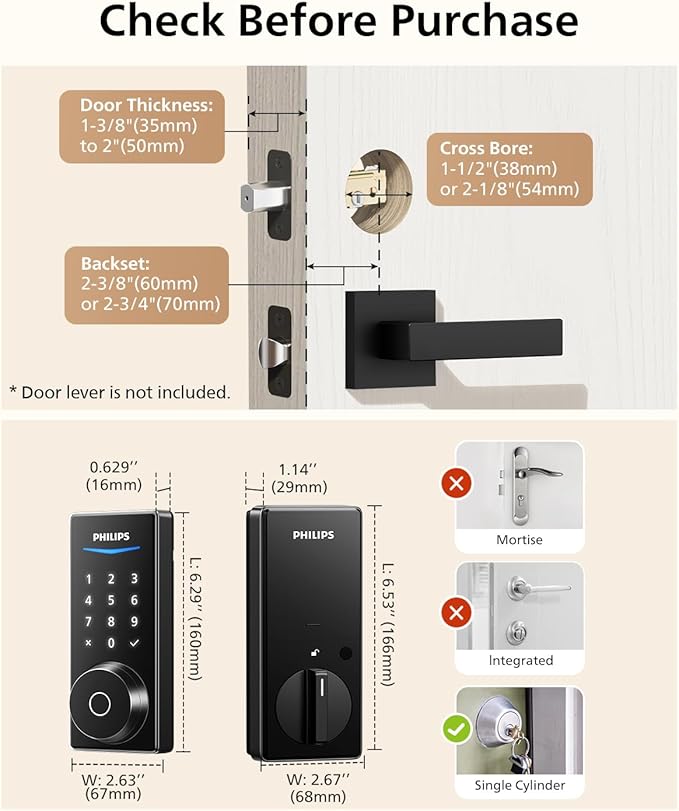 Philips Bluetooth Smart Door Lock with Matter, Keyless Entry Door Lock with App Control, Fingerprint Front Door Lock Set, Keypad Deadbolt Lock with Apple Home, Alexa, Google, Touchscreen Smart Lock