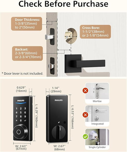Philips Bluetooth Smart Door Lock with Matter, Keyless Entry Door Lock with App Control, Fingerprint Front Door Lock Set, Keypad Deadbolt Lock with Apple Home, Alexa, Google, Touchscreen Smart Lock