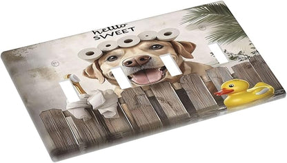Funny Dog Rustic Farmhouse Wooden Fence Labrador Light Switch Covers Quad Toggle Electrical Faceplate 4 Gang Wall Plate Decorative Switch Plates For Kids Room Bathroom Decor