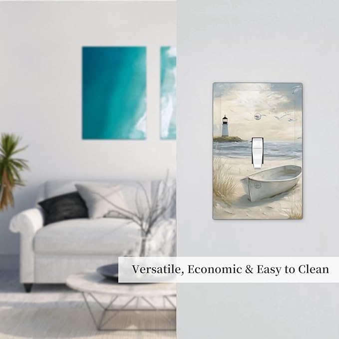 Decorative Light Switch Plate Covers Seascape Painting with Lighthouse Boats 1 Gang Wall Plate Unique Single Toggle Light Switch Covers Artistic Faceplate for Bedroom Decor（2 Pack）