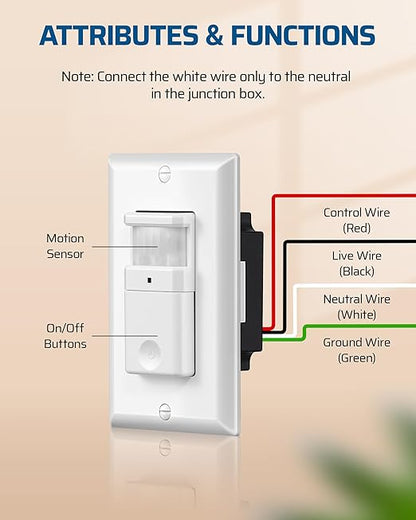 DEWENWILS Motion Sensor Light Switch, Single Pole, Motion Activated Wall Switch, Needs Neutral Wire, 5A for Hallway, Bathroom, Storage Room, 2 Pack, UL Listed, White