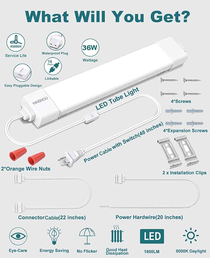 2 Pack Plug-in LED Shop Light, 4FT Tube, IP66 Waterproof and Linkable, 36W With Cord, 5000K Ceiling/Closet, 4000LM Under Cabinet for Room Garage