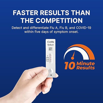 CorDx Tyfast At Home Flu A/B and COVID 19 Multiplex Rapid Test, Easy Nasal Swab, Fast Results in 10 Minutes, 25 Tests