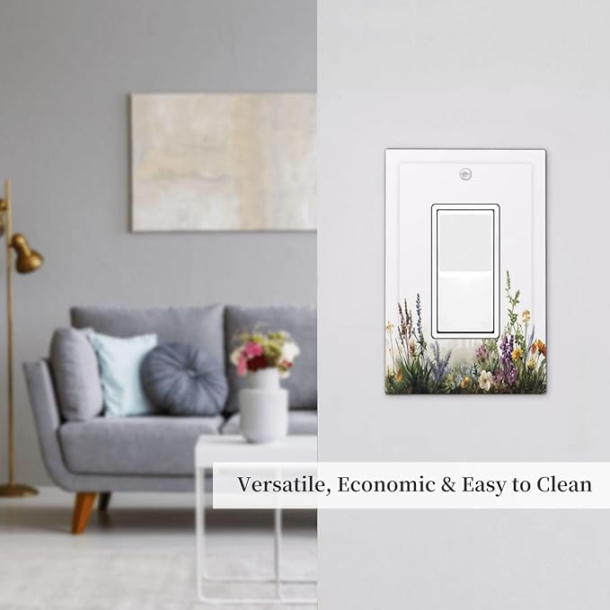 Decorative Outlet Covers White Background Colorful Flowers Plants Green Leaves 1 Gang Single Rocker Light Switch Cover Plate GFCI Wall Plates Electrical Switch Plate Cover for Bedroom Home Decor