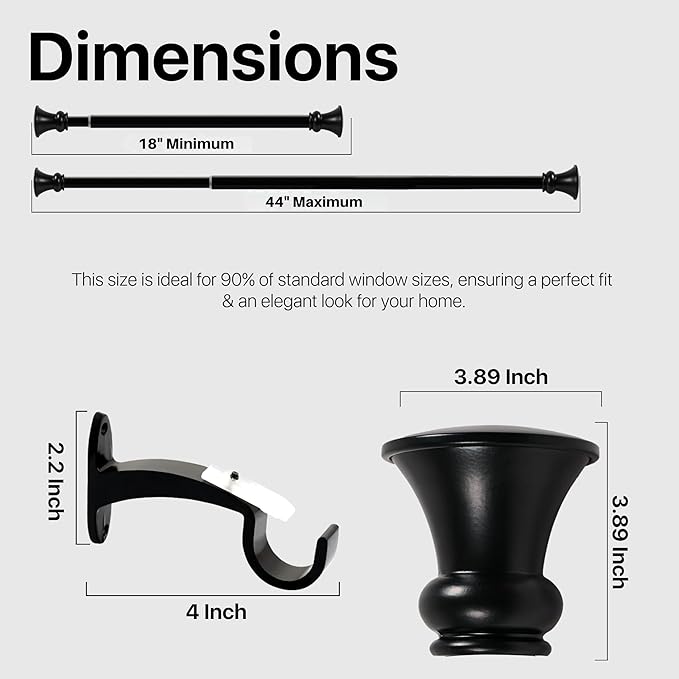 Deco Window Adjustable Curtain Rod for Windows 18 to 44 Inch (Pack of 1) Extendable Heavy Duty 1 Inch Iron Drapery Pole with Finials Wall Mounted French Door Curtain Rods (Black)