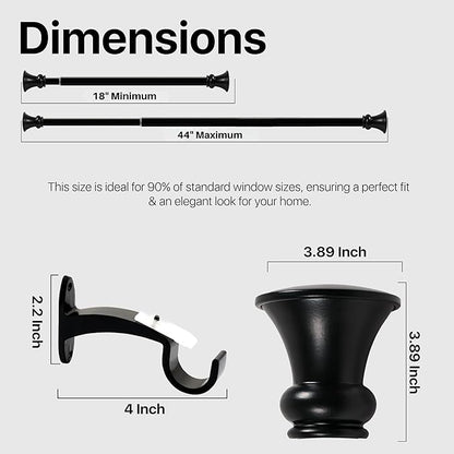 Deco Window Adjustable Curtain Rod for Windows 18 to 44 Inch (Pack of 1) Extendable Heavy Duty 1 Inch Iron Drapery Pole with Finials Wall Mounted French Door Curtain Rods (Black)