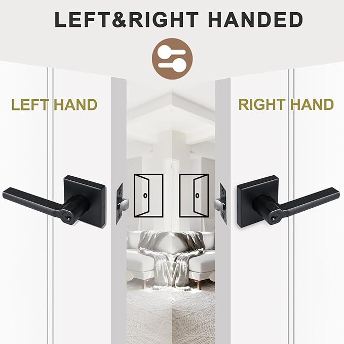 Keyed Entry Door Lever with Lock, Heavy Duty Square Interior Handle for Front Door and Office, Matte Black, Reversible for Right&Left Handed, 5Packs