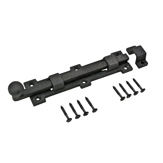 Renovators Supply Manufacturing Slide Bolt Latch 8 3/4 in. Black Wrought Iron Ball Tip Style Slide Bolt with Mounting Hardware