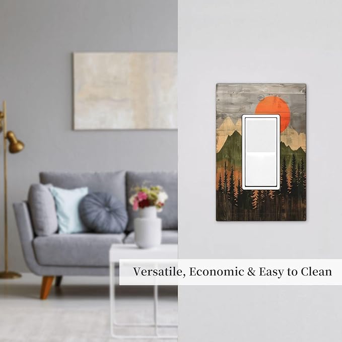Decorative Outlet Covers Vintage Wood Grain Sun Forest Mountains 1 Gang Single Rocker Light Switch Cover Plate Wall Plates GFCI Faceplate for Farmhouse Cabin Decor