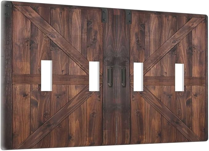 Decorative Light Switch Cover Plate Vintage Brown Farmhouse Barn Door 4 Gang Wall Plates for Electrical Outlets Quad Toggle Switch Plate Covers Outlet Covers Faceplate for Bedroom Home Decor