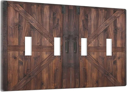 Decorative Light Switch Cover Plate Vintage Brown Farmhouse Barn Door 4 Gang Wall Plates for Electrical Outlets Quad Toggle Switch Plate Covers Outlet Covers Faceplate for Bedroom Home Decor