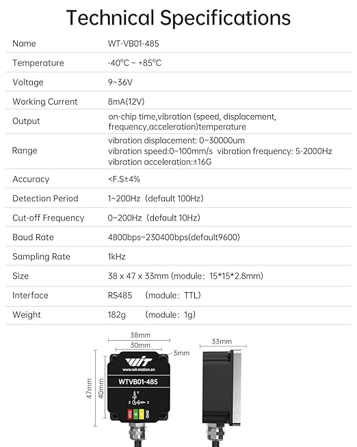 [RS485 Modbus Vibration Sensor] WTVB01-485 IP68 Waterproof Transducer Ar-Duino, 3-Axis Acceleration Angular Velocity Vibration(Amplitude+Frequency+Displacement+Speed) Detector, Motor Monitor Module