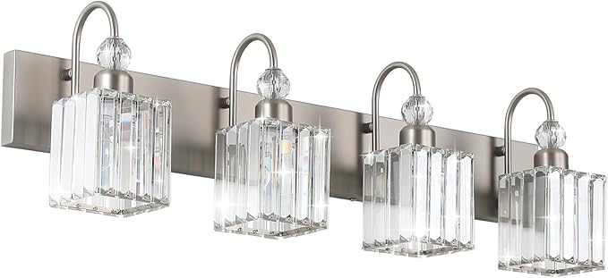 Ralbay Crystal Brushed Nickel Vanity Light for Bathroom 4-Light Modern Bathroom Light Fixtures