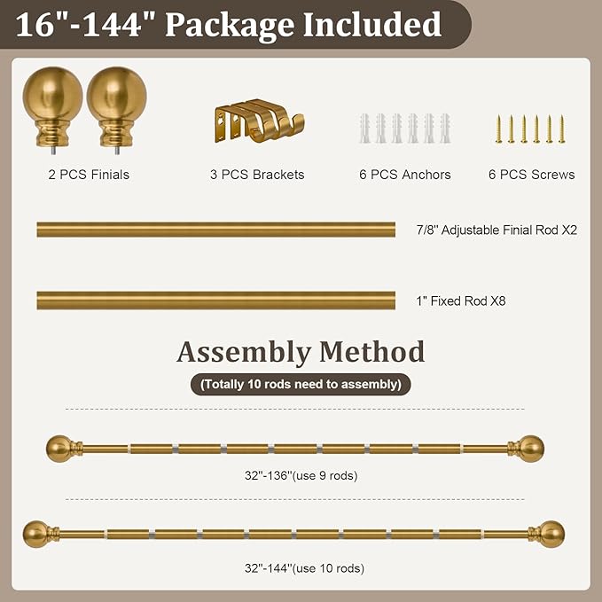 Modern Gold Curtain Rods for Windows 72 to 144 Inch 1" Diameter Adjustable Heavy Duty Brass Long Window Curtain Rod with Metal Finials for Living Room Bedroom Farmhouse Kitchen Outdoor