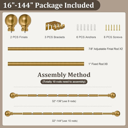Modern Gold Curtain Rods for Windows 72 to 144 Inch 1" Diameter Adjustable Heavy Duty Brass Long Window Curtain Rod with Metal Finials for Living Room Bedroom Farmhouse Kitchen Outdoor