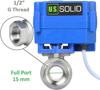 U.S. Solid Motorized Ball Valve- 1/2" Stainless Steel Ball Valve with Full Port, 9-24V AC/DC and 2 Wire Auto Return Setup