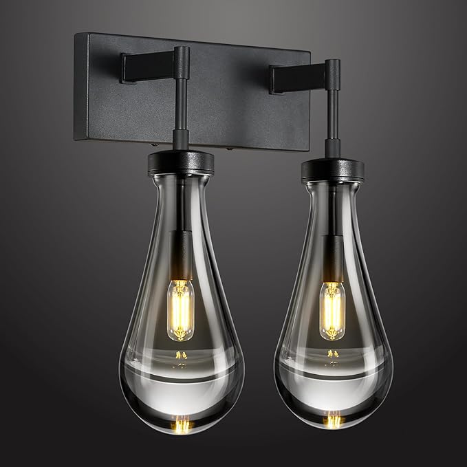 Raindrop Wall Sconces Black Crystal Sconces Wall Decor Modern Brass Lighting Glass Bathroom Sconces Indoor Vanity Light Wall Lamp for Bedroom Living Room Stair(2-Light)