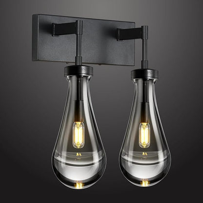 Raindrop Wall Sconces Black Crystal Sconces Wall Decor Modern Brass Lighting Glass Bathroom Sconces Indoor Vanity Light Wall Lamp for Bedroom Living Room Stair(2-Light)