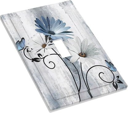 Decorative Light Switch Cover Plate Rustic Blue White Daisy Ink Flower 1 Gang Single Toggle Wall Plates for Electrical Outlets Outlet Covers Switch Plate Covers for Bedroom Home Decor