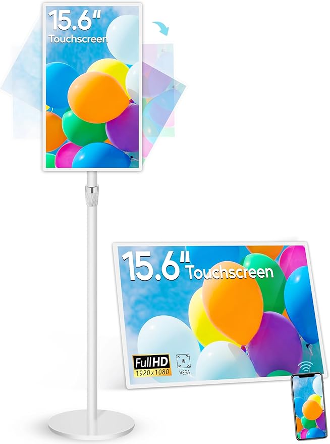 15.6" Digital Signage with 10000mAh Battery, Capacitive Touchscreen Advertising Display, Adjustable Stand, Android 11 Commercial LCD Monitor with Auto Play, Wireless Screen Mirroring, 2+32GB, White