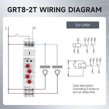 GRT8-2T Double Delay On Timer Relay，16A AC/DC12V to 240V Adjustable Two Groups of Output terminals with Different delay on Times Relay of Wide Time Delay Range for 0.1 Seconds to 10 Days