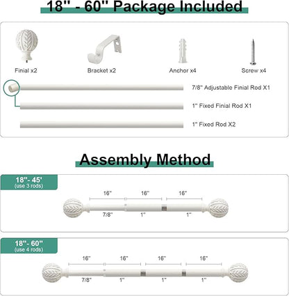 Antique White Curtain Rods for Windows 28 to 48 inch,1" Adjustable Heavy Duty Window Curtain Rod with Leaf Finials,Rustic Decorative Drapery Rods Set,Size:18-60''