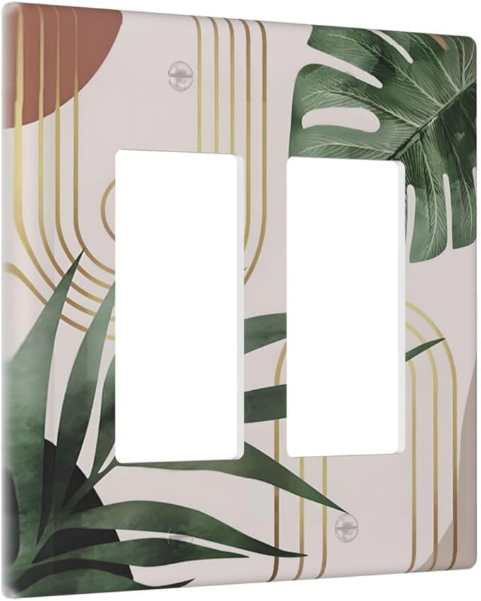 Decorative Outlet Covers Boho Mid Century Arch Green Leaves 2 Gang Light Switch Cover Plate Double Rocker Wall Plate Switch Plate Covers Faceplate for Bedroom Home Decor（ 2 Pack）