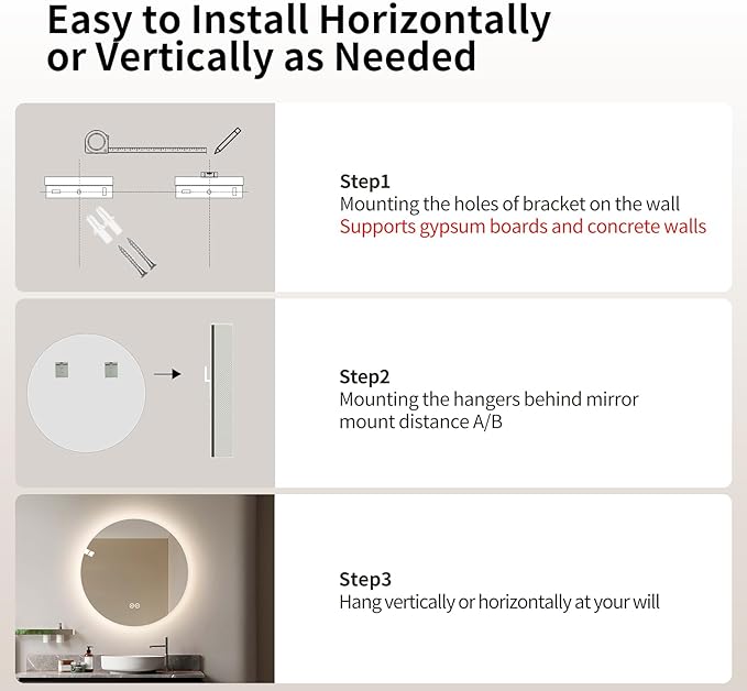 Round LED Bathroom Mirror with Light, Backlit Mirror for Bathroom, Frameless LED Smart Vanity Mirror with 3 Color Lights, Anti-Fog, Smart Touch Button, Shatter-Proof, IP65, 90+ CRI (24" L x 24" W)
