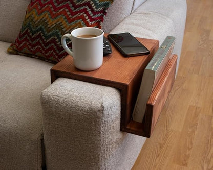 Wooden Couch Arm Tray – Sofa Armrest Table with Book & Magazine Holder, Perfect for Coffee & Remote Control, Solid Wood (Paris)