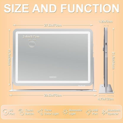 Hasipu Vanity Mirror with Lights and Bluetooth Speaker, 27.6" x 19.7" LED Makeup Mirror, Light up Mirror with 10X Magnification, USB Charging Port, Smart Touch 3 Colors Dimmable (White)