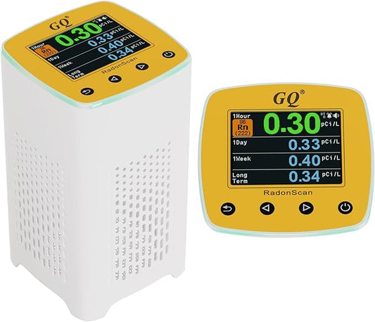 GQ Radon Detector Radonscan Home Radon Monitor Alpha Radiative Gas Radiation Design in USA Large Color Display Short and Long Term continuously Monitor Accurate Fast Sensitive Data Saving