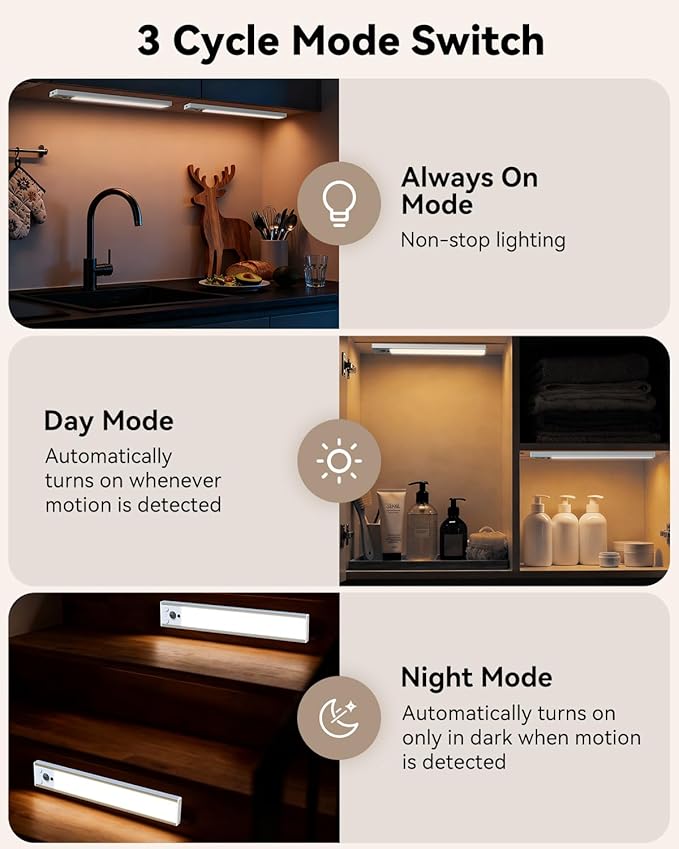 Under Cabinet Lighting Wireless with Remote, Rechargeable Under Cabinet Lights with Charging Station, 14 Inch Motion Sensor Light Indoor, 3 Color Temps & Dimmable for Kitchen, Closet, Hallway, 3-Pack