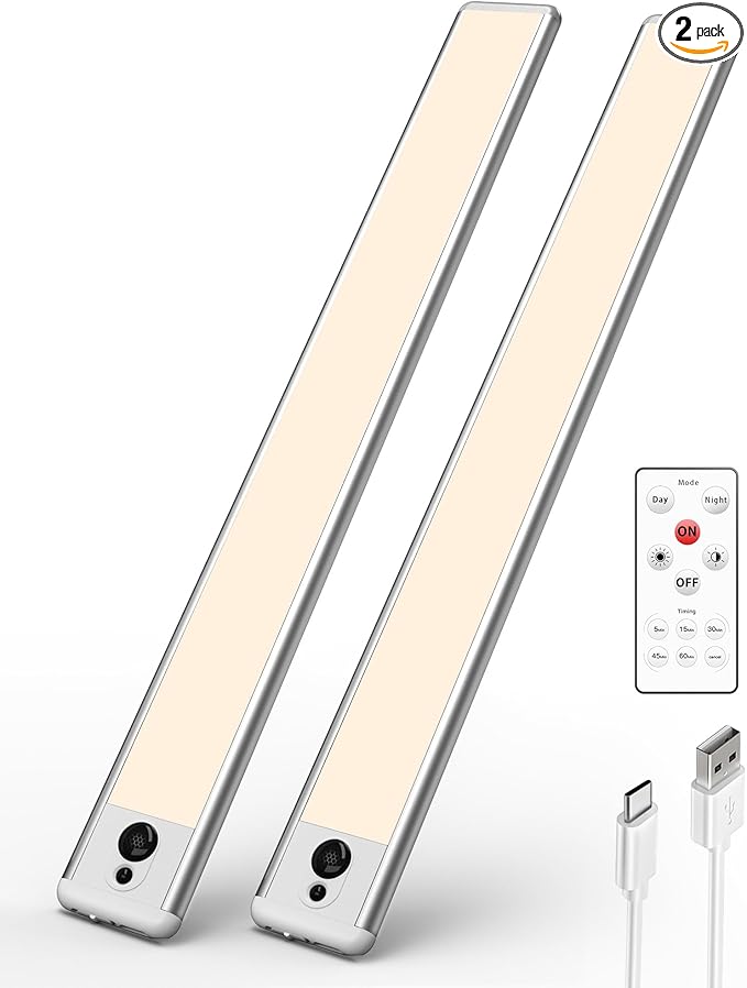 EZVALO Under Cabinet Lights,66 LEDs Motion Sensor Night Light, 3200 mAh Closet Lights 3500K with Remote Control Under Counter Lights for Kitchen,Cabinet,Bedroom(2 Pack)
