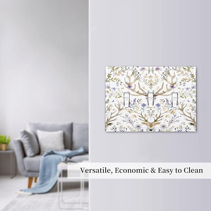 Decorative Switch Plates Gothic Retro Floral Damask Elk Wild Flower 3 Gang Wall Plate Triple Toggle Light Switch Cover Faceplate Electrical Wall Panels For Bed Room Living Room Decor
