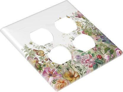 Outlet Covers Boho Wildflower Colorful Floral Butterfly 2 Gang Double Duplex Decorative Light Switch Covers Electrical Wallplates Socket Faceplate For Bed Room Living Room Decor