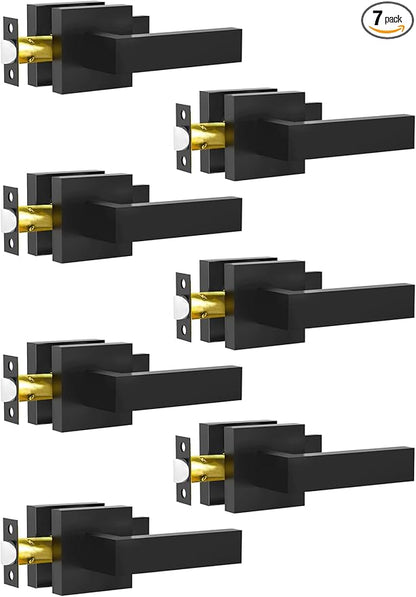 Passage Door Lever, 7 Pack Matte Black Interior Door Handles for Hallway and Closet, Heavy Duty Square Interior Keyless Door Handles Non-Locking Door Knobs for Right & Left Side Door
