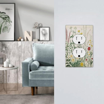Rustic Wildflower Green Plants Daisy Floral Outlet Covers 1 Gang Duplex Light Switch Cover Decorative Switch Plates Electrical Receptacle Faceplate Wall Plate For Farmhouse Bed Room Decor