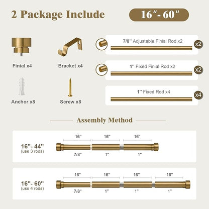 Oneach 2-Pack Heavy Duty Curtain Rods for Windows 28 to 48 Inch, 1 Inch Pole Adjustable Curtain Rod Set with Easy Installation and Modern Design (Antique Gold, 16 to 60 Inch)