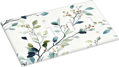 Decorative Light Switch Cover Plate Eucalyptus Leaf Geen Sage Leaves 4 Gang Wall Plates for Electrical Outlets Quad Toggle Switch Plate Covers Outlet Covers Faceplate for Bedroom Home Decor