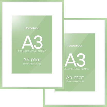 Homeforia A3 Picture Frame Sage Green, High End Metal 11.7 x 16.5 inch Poster Frames with Mat 8.3 by 11.7 for Photo, A3 Size Frame Matted to A4 Print, 11.7x16.5 Hanging Frame, Tempered Glass, Set of 2