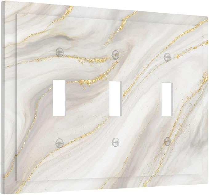 White Grey Gold Marble Simple Tiles Decorative Switch Plates 3 Gang Wall Plate Triple Toggle Light Switch Cover Faceplate Electrical Wall Panels for Bathroom Kitchen Decor