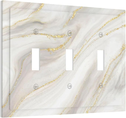 White Grey Gold Marble Simple Tiles Decorative Switch Plates 3 Gang Wall Plate Triple Toggle Light Switch Cover Faceplate Electrical Wall Panels for Bathroom Kitchen Decor
