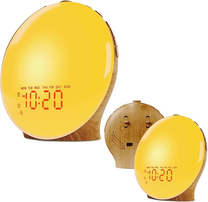Full Screen Wood Grains Wake Up Lamp with Soft LED Lighting and Color Sunrises Simulation Digital Alarm Clock