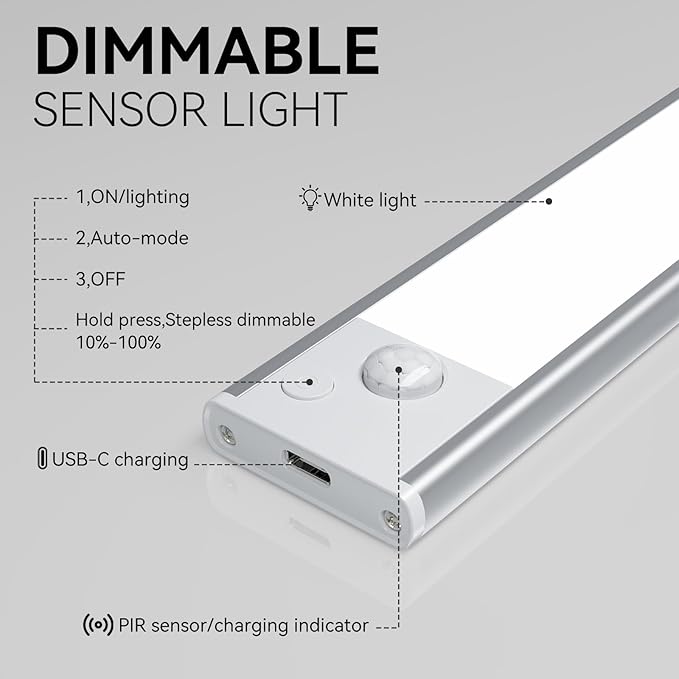 Under Cabinet Lighting, LED Magnetic Motion Activated Under Cabinet Lights, Rechargeable Closet Lights 2500mAh Battery Operated, Wireless Dimmable Under Counter Lights for Kitchen,Hallway 3 Pack