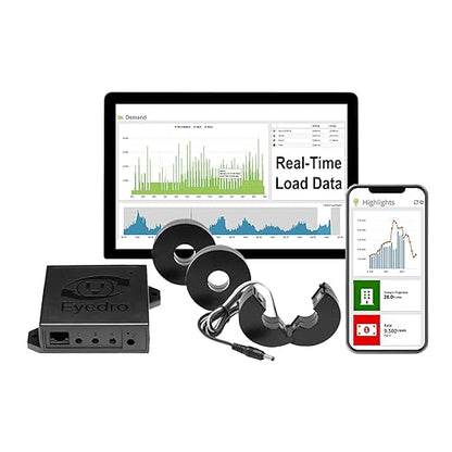 Eyedro 3-Phase Commercial & Industrial Energy Meter - Real-Time kWh/W/A/V/PF/$ Data - Solar & Net Metering - WiFi (2.4 GHz) & Ethernet - Up to 600V - 3 × 200A Sensor - Made in North America